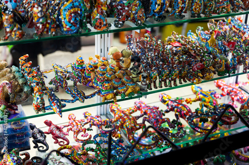 Mosaic figures. Souvenirs from Barcelona. High quality photo