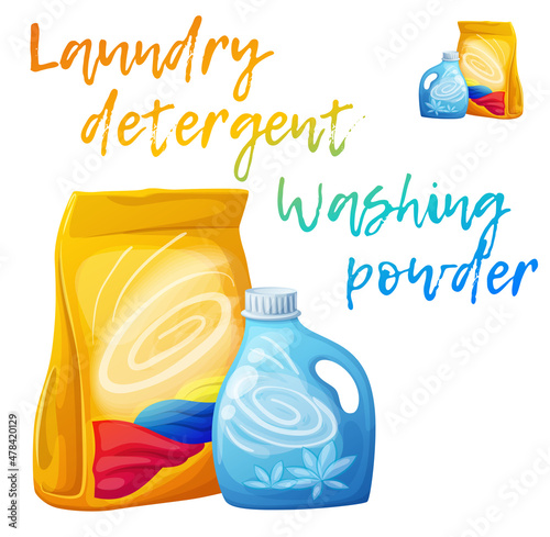 Laundry detergent and washing powder cartoon vector icons isolated on white background