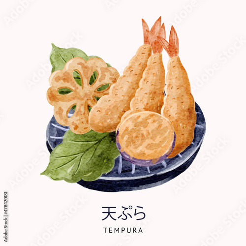 tempura japanese food dishes watercolor digital illustration