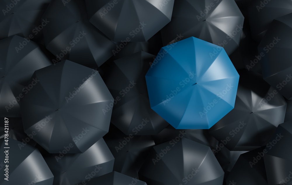 Different unique and standing out of the crowd blue umbrella, 3d Illustration. Different unique and standing out of the crowd blue umbrella, 3d Illustration.