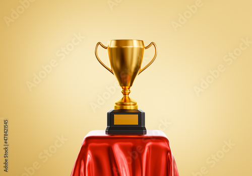Gold trophy cup of first place and success award for winner champion on red podium. 3D rendering.