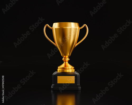 Gold trophy on black background, 3D illustration.
