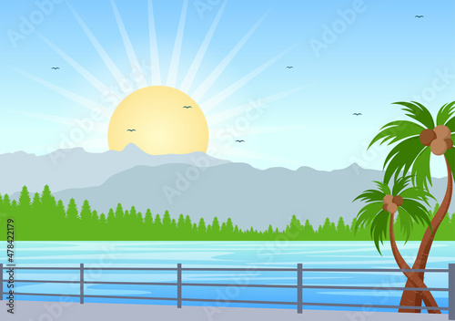 Sea Sunrise Landscape Above Morning Scene Ocean with Clouds  Water Surface  Palm Tree and Beach in Flat Background Illustration for Banner