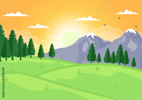 Sunrise Landscape of Morning Scene Mountains, Hill, Lake and Valley in Flat Nature for Poster, Banner or Background Illustration © denayune
