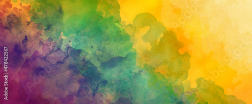 Panel kuchenny z motywem Colorful watercolor background in yellow blue green pink and purple colors, painted background texture in abstract sunset or sunrise sky illustration