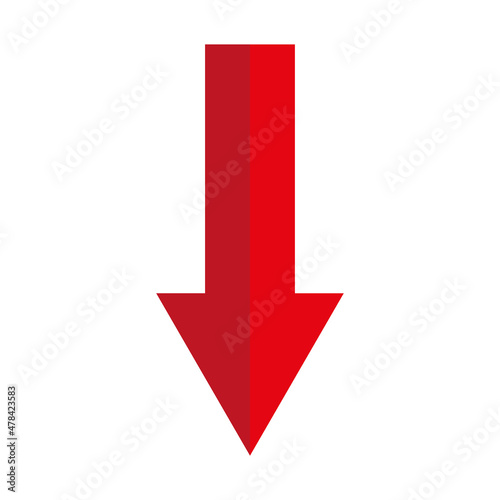 Red arrow down icon. Direction cursor sign. Navigation concept. Realistic design. Vector illustration. Stock image. 