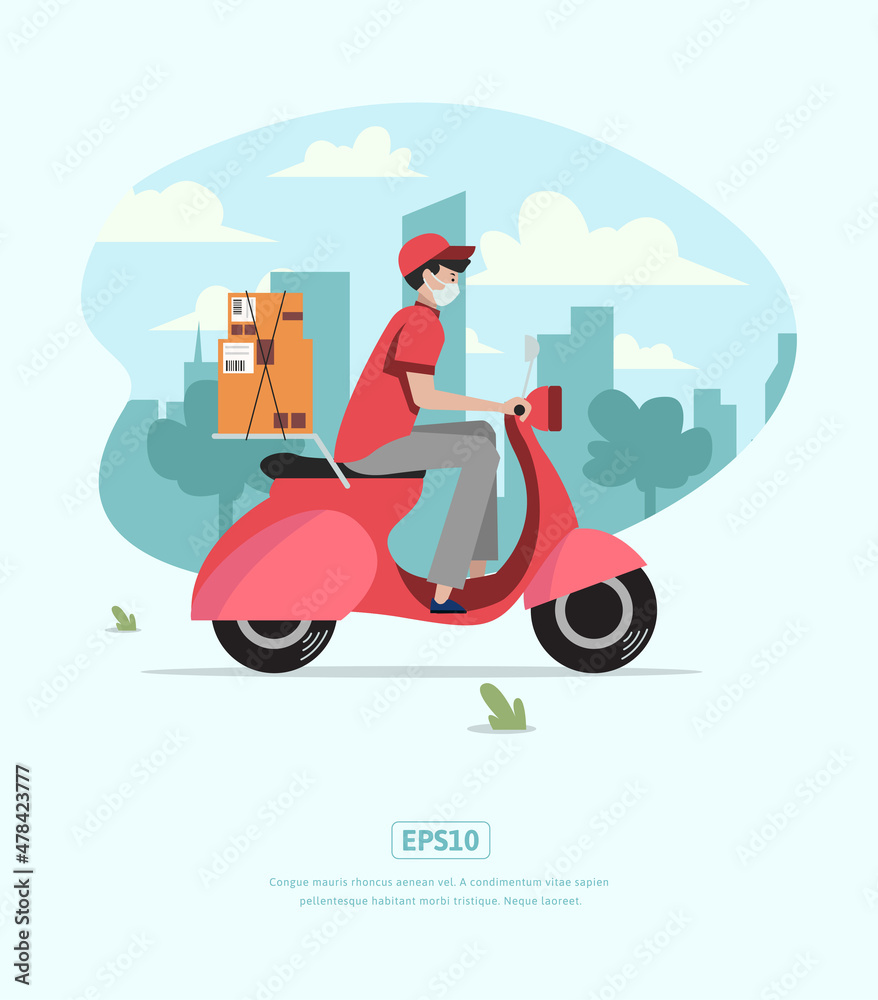 Flat Illustration Delivery Character with package and scooter Stock Vector  | Adobe Stock