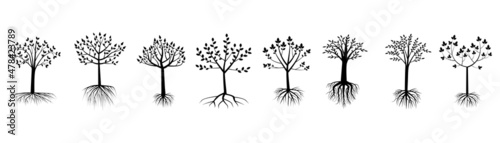 Tree with roots set. Silhouette effect. Decorative symbol. Logo art. Nature background. Vector illustration. Stock image. 