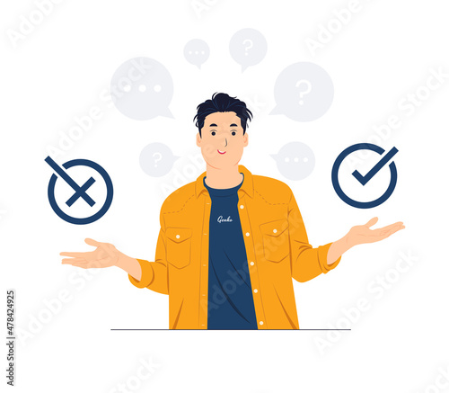Business decisions, right or left, yes or no, ethical dilemma, choose, choice, undecided concept illustrations