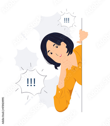 Woman holding chin and peeking behind the wall while startled, shocked, Surprised, curiosity, listening, discovery and Pay attention concept illustration
