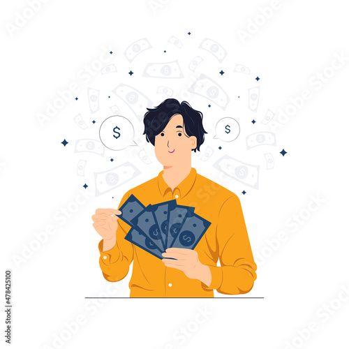Smiling confident successful rich business man holding money us dollar bills in hand concept illustration