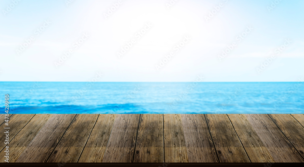 Beautiful wooden floor and blue background, sea water and sky.