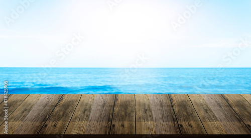 Beautiful wooden floor and blue background  sea water and sky.