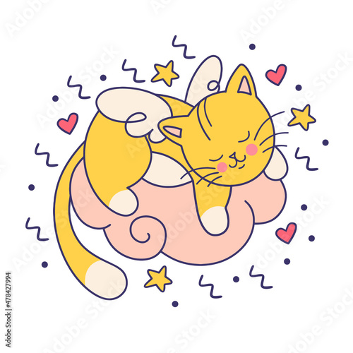 Baby kitten dreaming on cloud. Adorable doodle vector illustration.