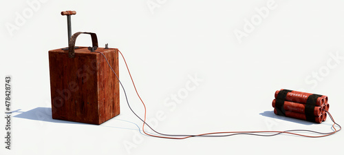 Antique wooden dynamite detonator wired into dynamite explosives. 3D illustration of ancient dynamite detonator device. photo