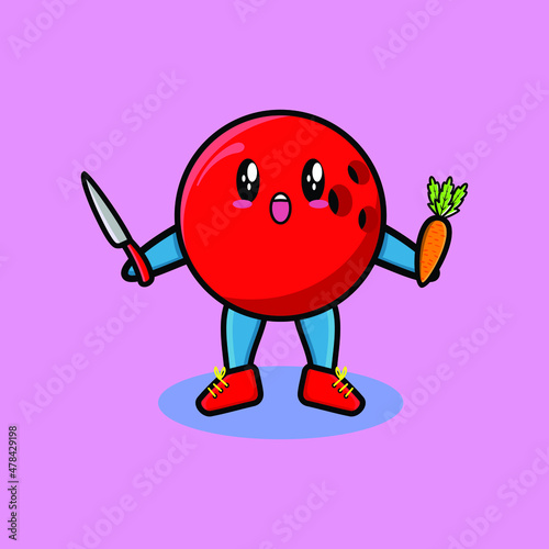 Cute cartoon mascot character bowling ball holding knife and carrot in modern style design for t-shirt  sticker  logo element