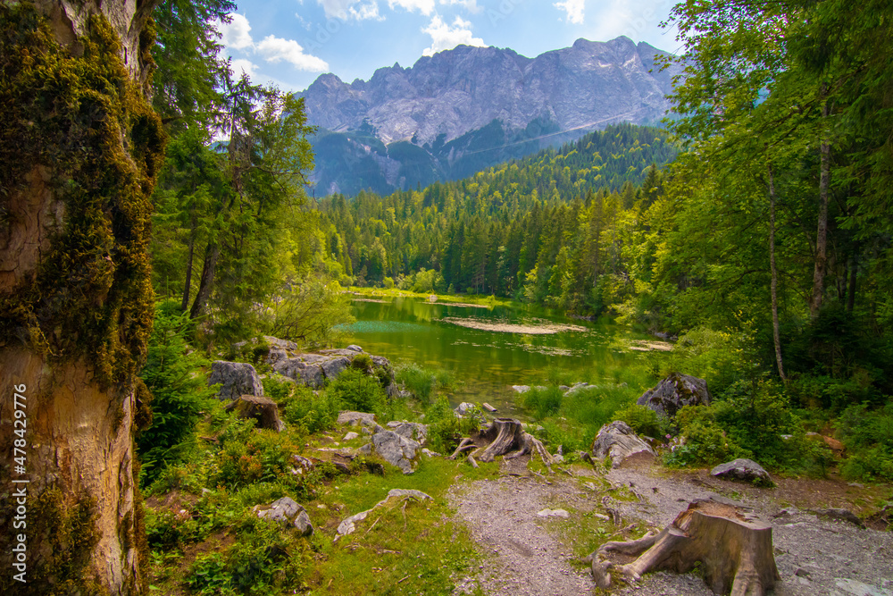 Obraz premium Idyllisches, traumhaftes Bergpanorama was mystisch wie aus einem Märchenbuch wirkt. Tümpelsee am Fuße der Zugspitze neben dem eibsee. Im hintergrund ist die seilbahn der Zugspitze zu sehen. 