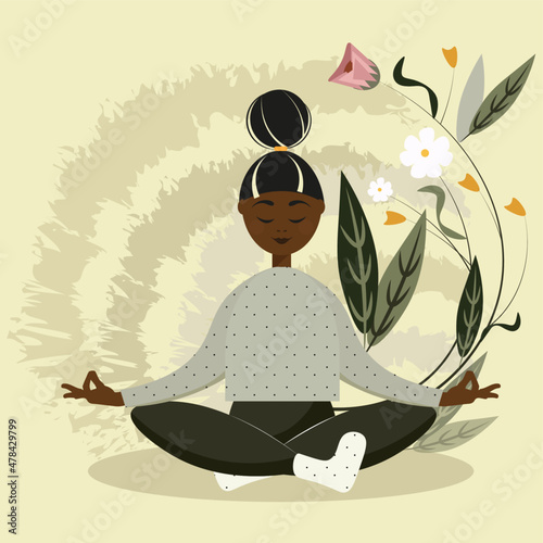 Mujer meditando en la naturaleza. Ilustración de concepto de yoga, relajación, recreación, estilo de vida saludable. 
