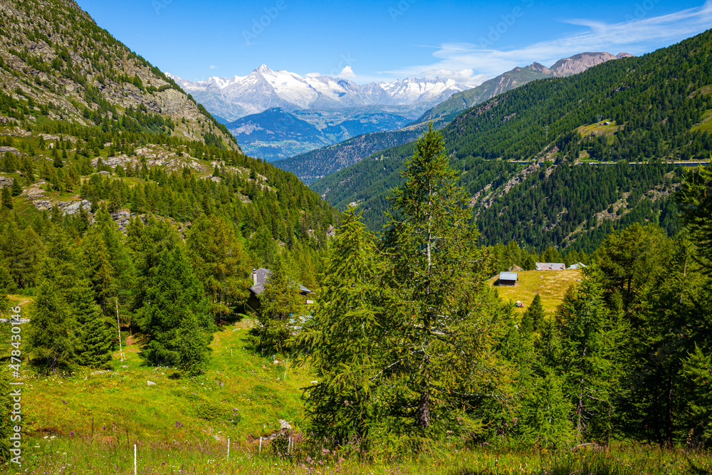 Serene mountains landscape view on Simplon Pass at sunny day