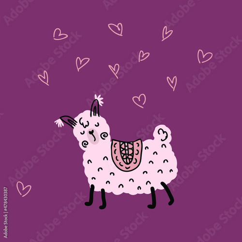 Hand drawn romantic valentine llama and hearts. Perfect for T-shirt  postcard  textile and print. Doodle vector illustration for decor and design. 