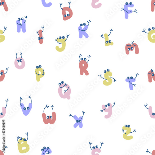 Alphabet letters with hands and eyes doodle seamless pattern. Perfect for T-shirt, postcard, textile and print. Hand drawn vector illustration for decor and design. 
