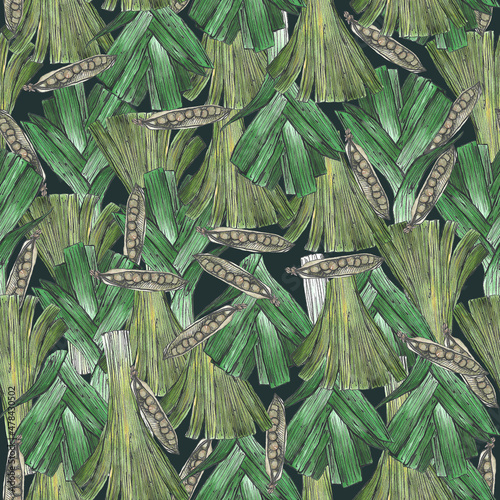 Seamless pattern of vegetables. Leek and peas. Watercolor illustration. Great for menus, wallpaper, textiles, fabric, packaging, paper.