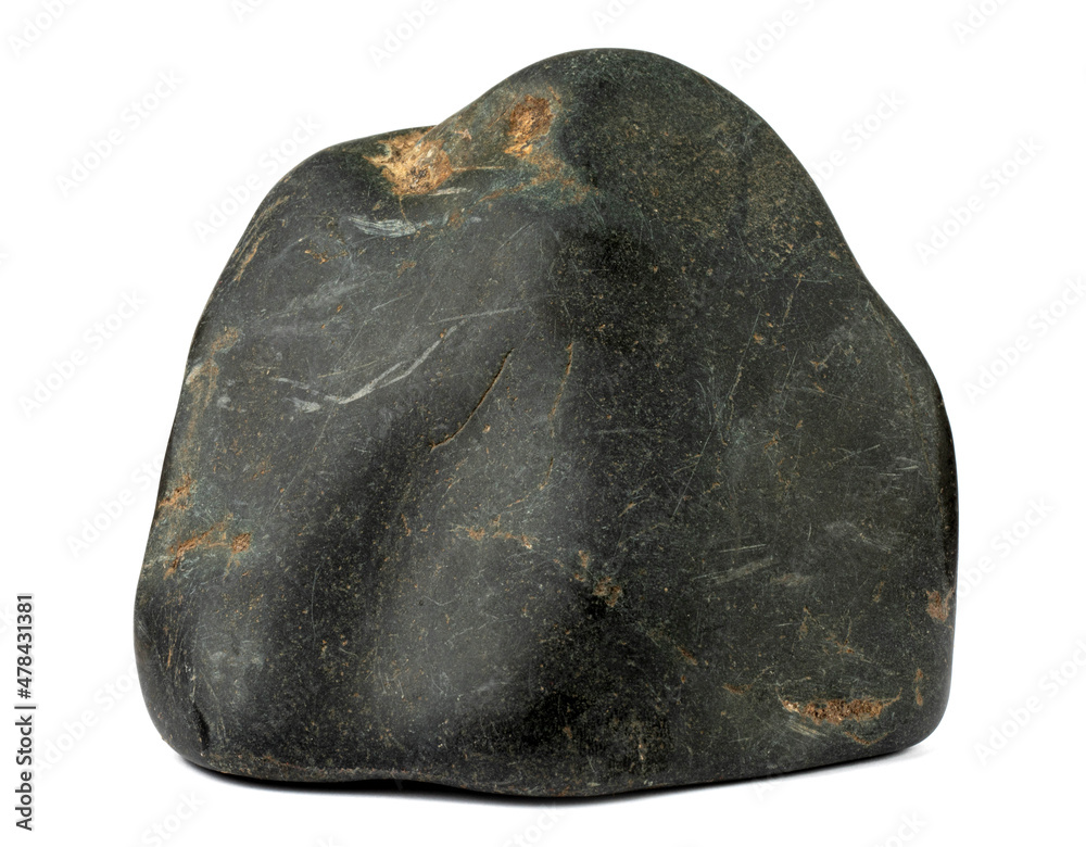 Black smooth stone is isolated on a white background. Full clipping path.