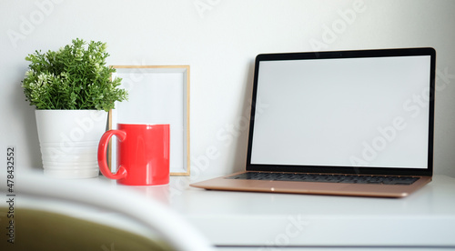 Computer laptop, picture frame, coffee cup and houseplant on white table.