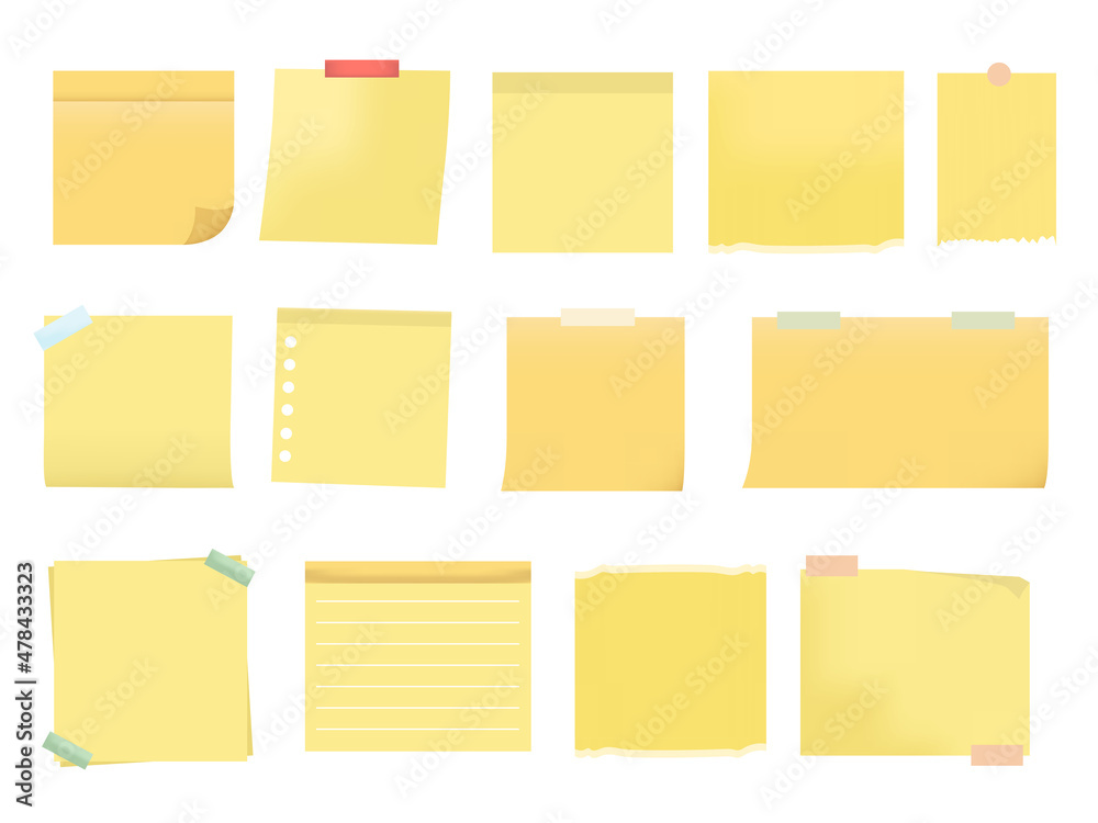 Sticky notes big set collection. Realistic yellow post it notes isolated in  white background. Stock Vector