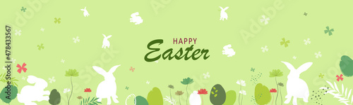 Easter banner. Fashionable Easter design with typography, hand-drawn  eggs, flowers, rabbit ears, in pastel green colors. Modern minimalistic style. Horizontal poster, website header