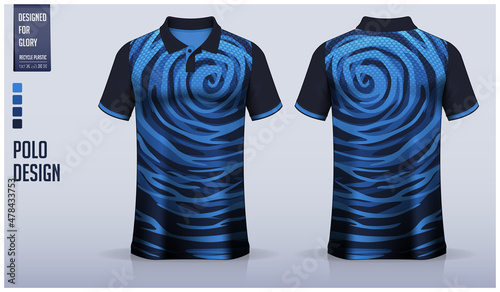 Blue Polo shirt mockup template design for soccer jersey, football kit, golf, tennis, or sport uniform. Fabric pattern design.