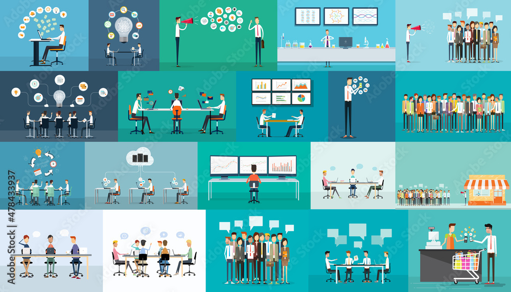 set business illustration design concept for web banner homepage and social media marketing with flat vector people cartoon character team meeting and working design set business illustration design concept for web banner homepage and social media marketing with flat vector people cartoon character team meeting and working design