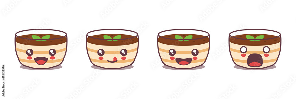 tiramisu cake mascot cartoon in a glass, italian dessert illustration, with different facial expressions tiramisu cake mascot cartoon in a glass, italian dessert illustration, with different facial expressions