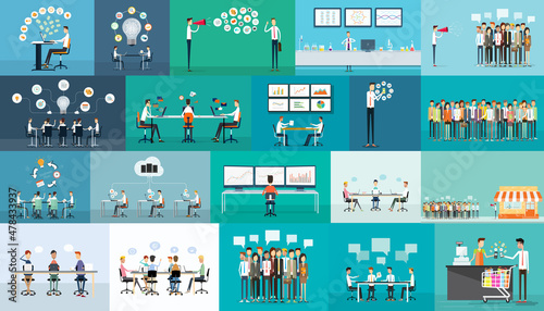 set business illustration design concept for web banner homepage and social media marketing with flat vector people cartoon character team meeting and working design 