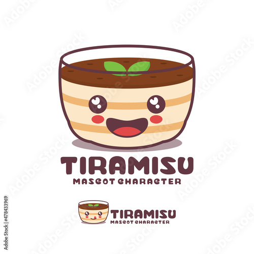 tiramisu cake mascot cartoon in a glass, italian dessert illustration, suitable for, logos, prints, labels, stickers