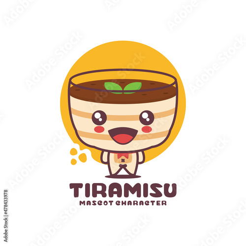 tiramisu cake mascot cartoon in a glass, italian dessert illustration, suitable for, logos, prints, labels, stickers, etc