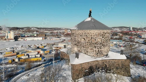 Flying Towards Tower Skansen In Gothenburg, Sweden, Snow Winter Landscape, Aerial photo