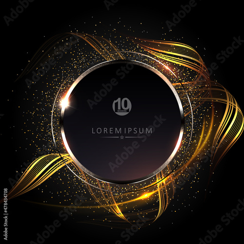Black illustration, round frame with shiny border and mosaic, golden wave patterns.