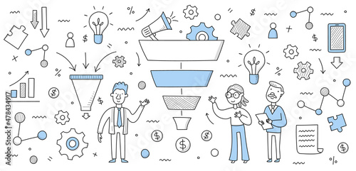 Sales funnel business concept, doodle businesspeople stand at huge filter analysing marketing strategy, clients attraction or conversion and outline infographic icons around Linear vector illustration