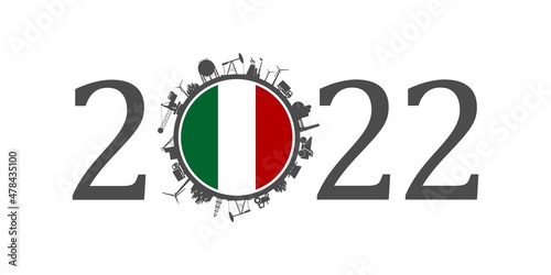 2022 year number with industrial icons around zero digit. Flag of Italy.