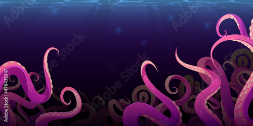 Octopus tentacles in dark ocean water, monster kraken waving hands on sea bottom. Fantasy creepy creature cephalopod arms or legs. Underwater animal antennas or feelers, Cartoon vector illustration