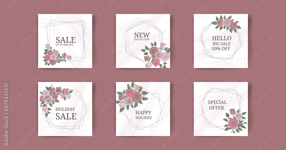 Set of six square flower templates for holiday spring sales. The template is perfect for both social networks and online stores. Square frame with floral background using rose. Set of six square flower templates for holiday spring sales. The template is perfect for both social networks and online stores. Square frame with floral background using rose.