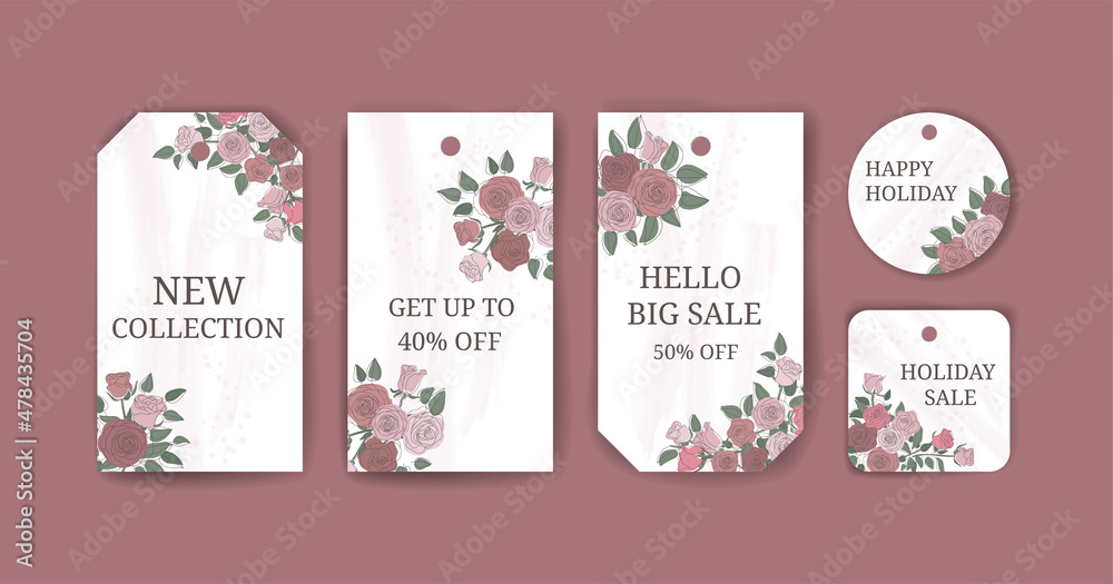 Set of colorful tags with floral background of various shapes. Based on red and pink roses beautiful floral background. Watercolor rose flower decoration.