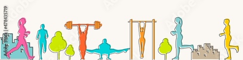 Silhouettes of athletes. Thin line style web banner