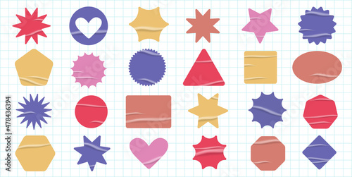 Blank stickers set. Empty colorful patches mockups with wrinkles. Vector design elements.