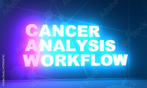 CAW - Cancer Analysis Workflow acronym. Neon shine text. 3D Render