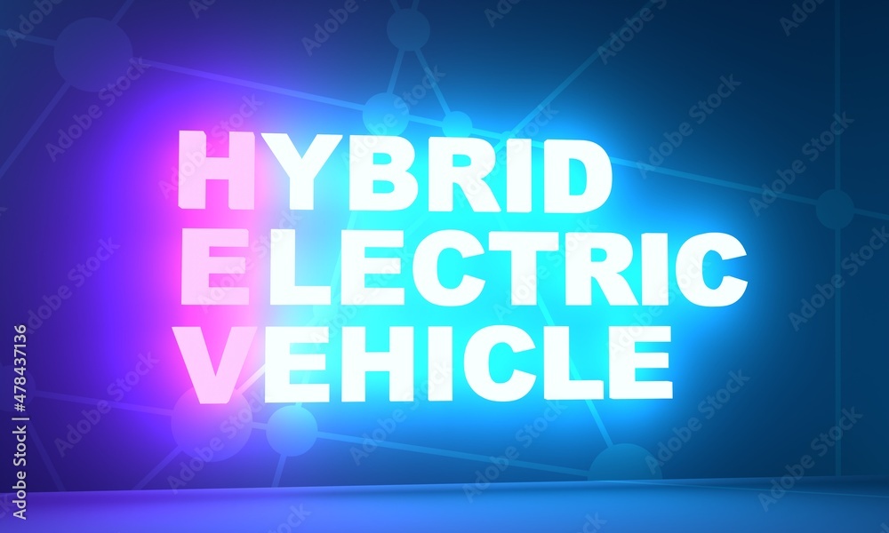 HEV - Hybrid Electric Vehicle acronym. Neon shine text. 3D Render