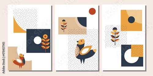 Set three of Scandinavian mid century modern folk wall art. Birds scandi wall decor. Nordic wall Decorations. Minimal home decor.