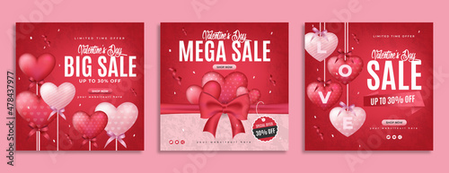Valentine's day sale promotion social media banner post template design with love or heart balloon, brand logo and business icon. Holiday celebration marketing flyer or abstract style web poster.     