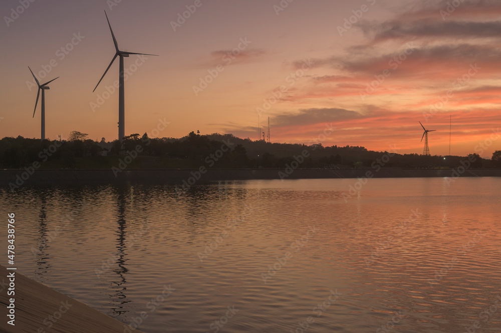 background of wind turbines at sunset..